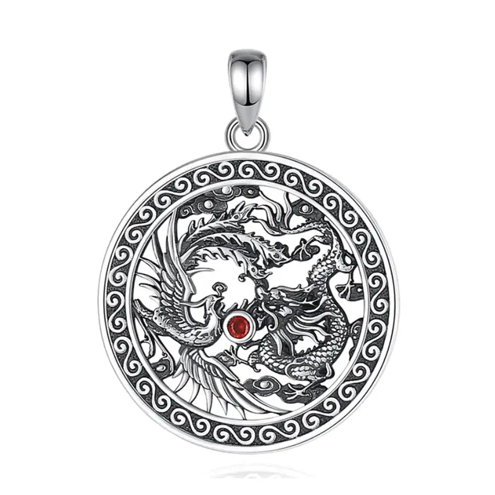 Colgante ave fenix y dragon con piedra granate en plata fina 925 #F101