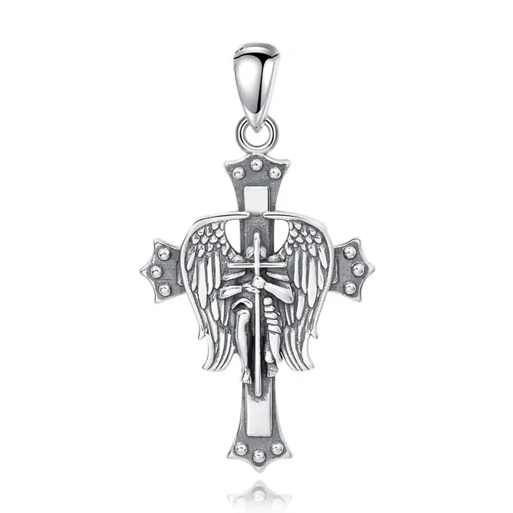 Colgante cruz de alas de arcángel San Miguel en plata fina 925 #F7