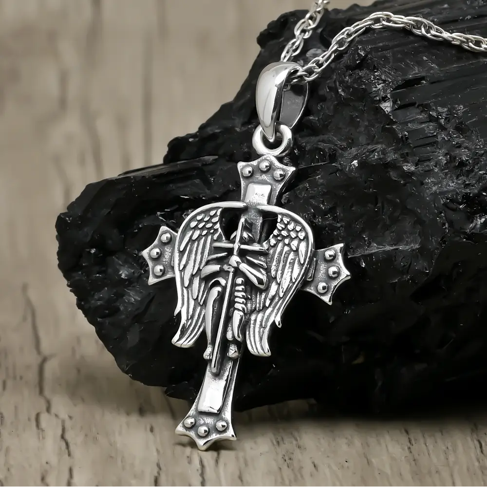 Colgante cruz de alas de arcángel San Miguel en plata fina 925 #F7