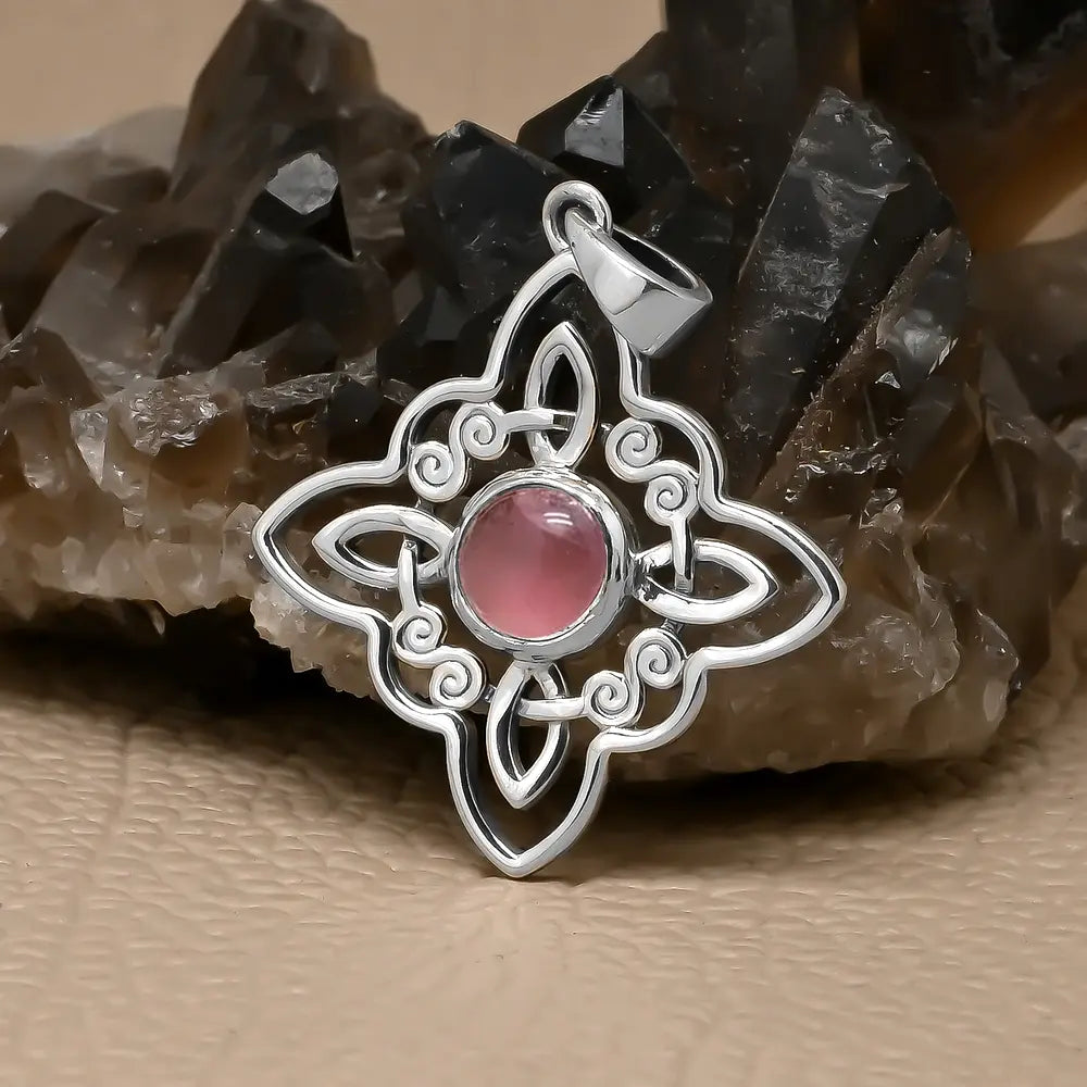 Colgante nudo de bruja con piedra cuarzo rosa en plata #140-J6