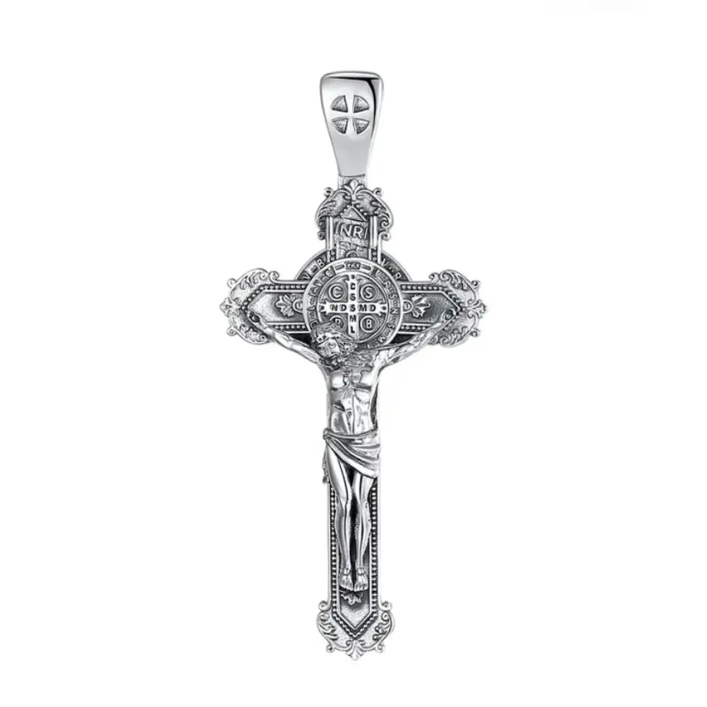 Colgante cruz San Benito maciza con cristo en plata fina 925 #F104