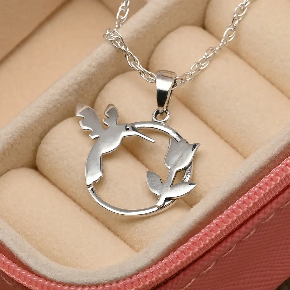Colgante De Colibri Con Flor En Plata Fina, Con Cadena #F125