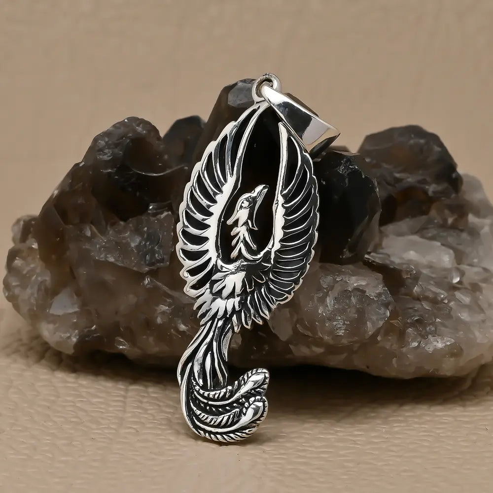 Colgante de ave fénix en plata fina, con cadena #F143