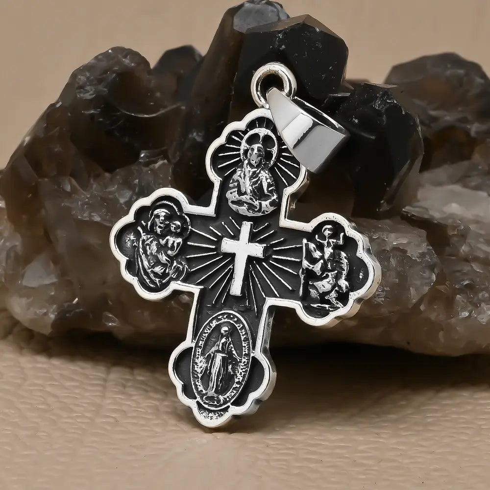 Colgate cruz de la novena (Jesús y virgen) en plata fina #F145