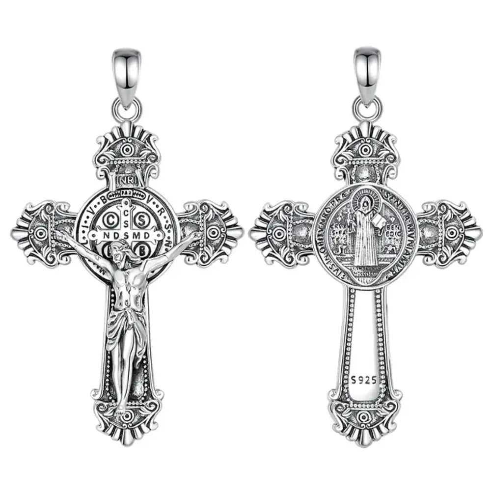 Colgante cruz de San Benito maciza full definición en plata fina 925 #F66