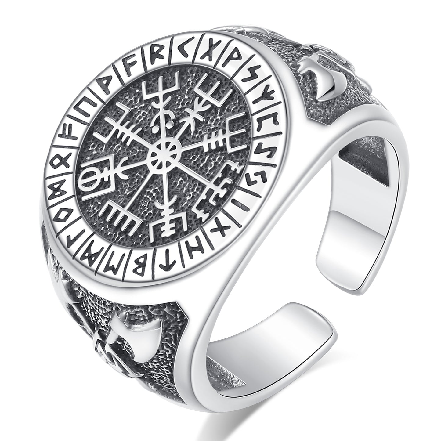Anillo de brújula vikinga en plata 925, todos los símbolos