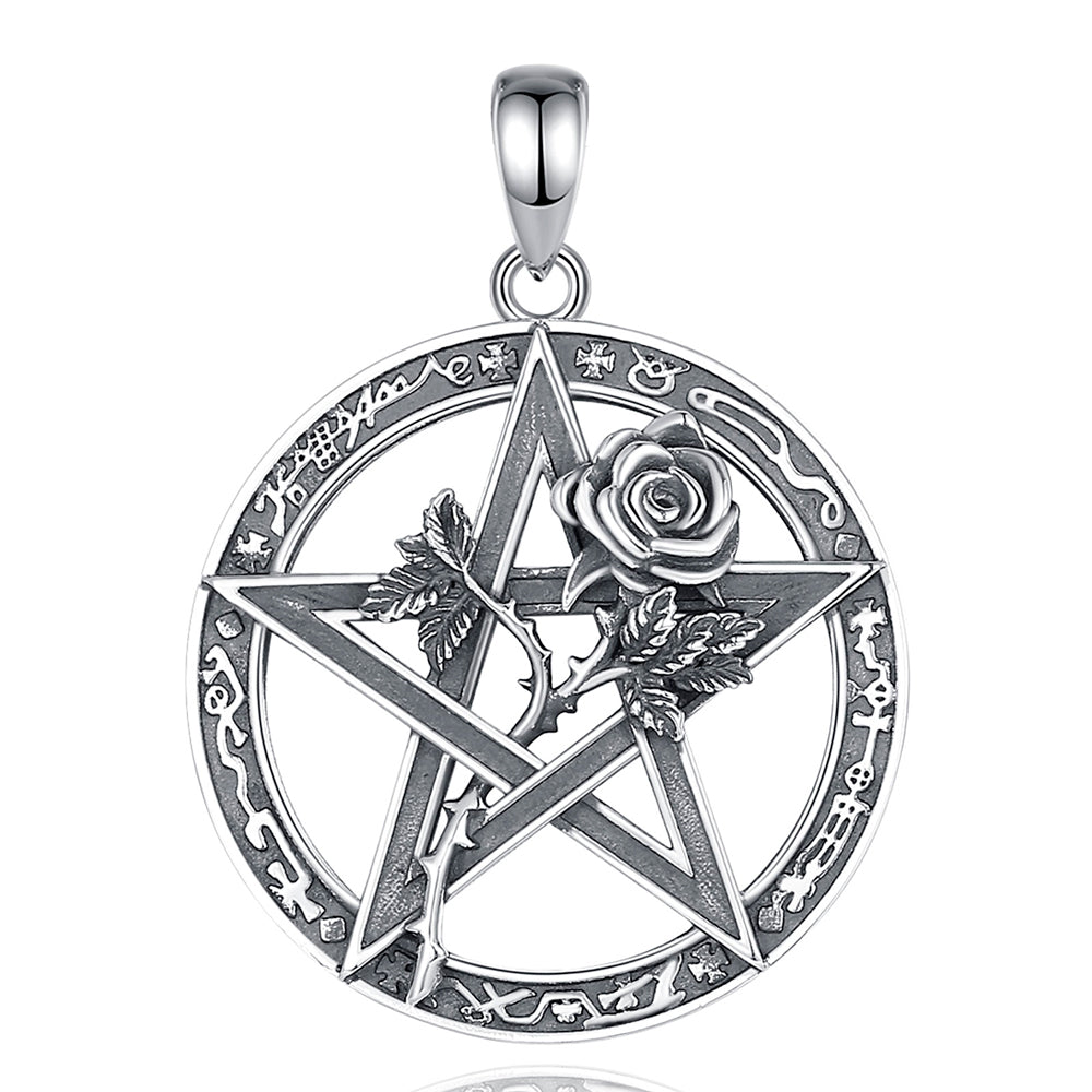 Colgante pentagrama con rosa y espinas en plata