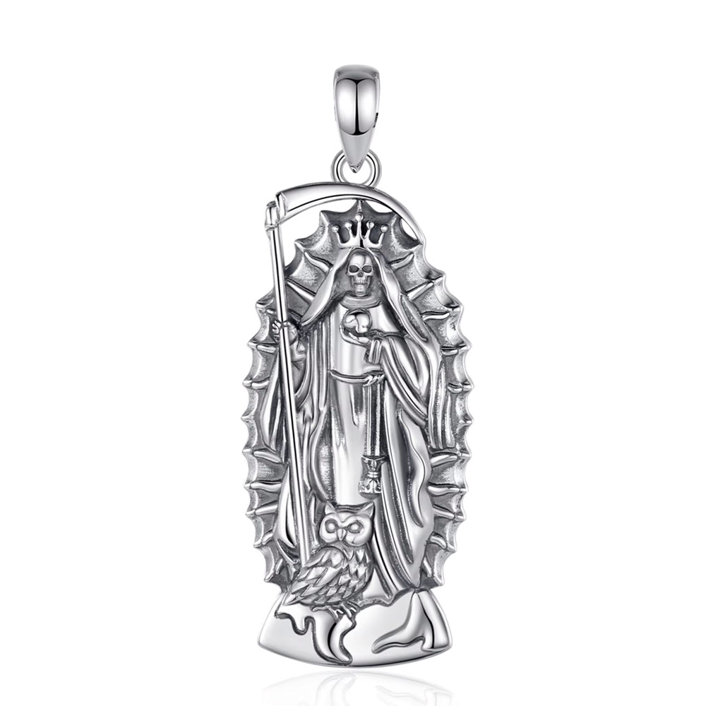 Colgante bendita santa muerte en plata fina 950, con cadena