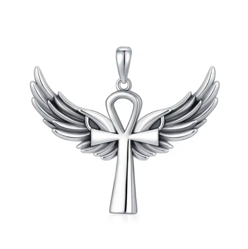 Colgante cruz lisa con alas en plata fina 950