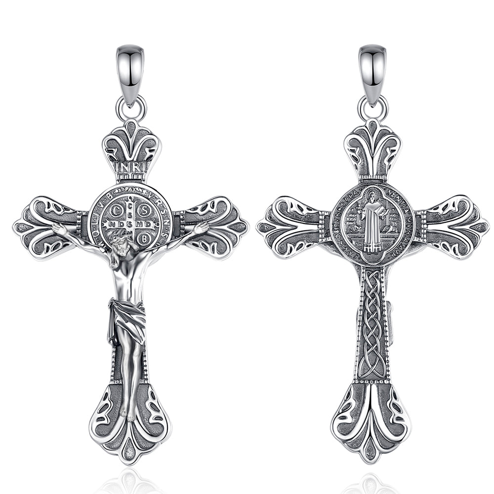 Colgante cruz de san benito en plata fina 950 con cadena