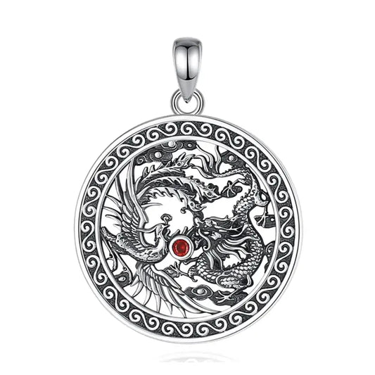 Colgante ave fenix y dragon con piedra granate en plata fina 925 #F101