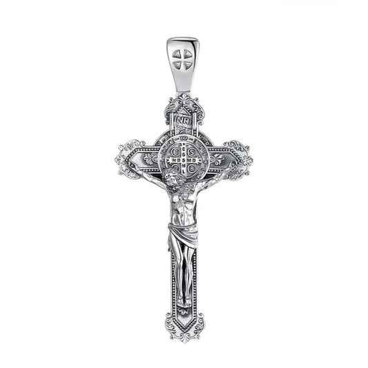 Colgante cruz San Benito maciza con cristo en plata fina 925 #F104
