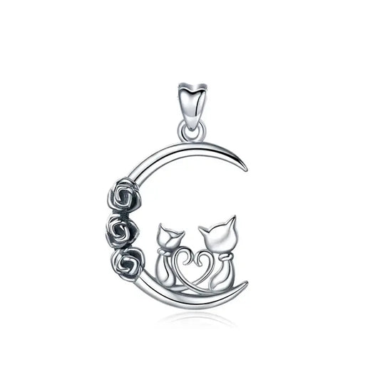 Colgante media luna con pareja de gatos en plata fina 925 #F9