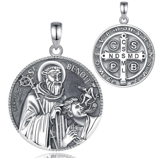 Colgante medallón San Benito macizo en plata fina 925 #F63