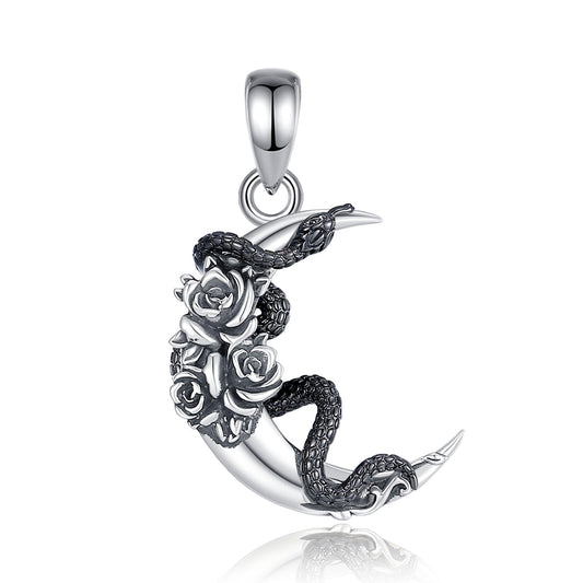 Colgante de media luna con serpiente en plata fina 925