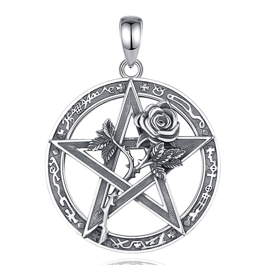 Colgante pentagrama con rosa y espinas en plata