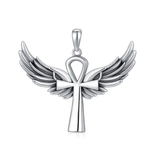 Colgante cruz lisa con alas en plata fina 950